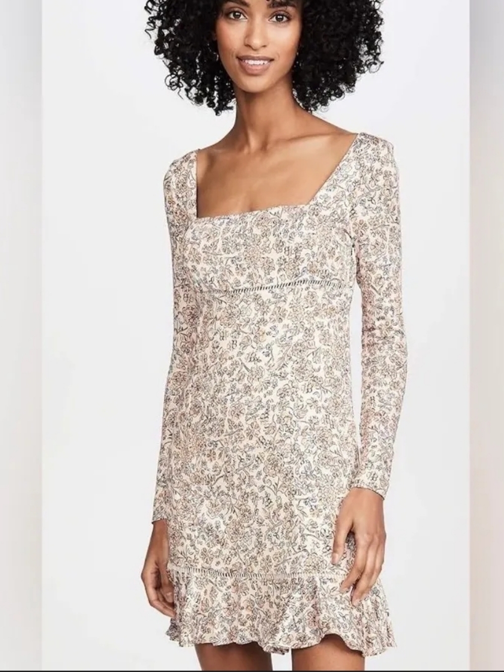 Free People Long Sleeve Floral Scoop Dress - Beige & Blue